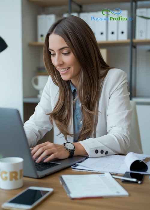 An AI generated image of a Founder and solo entrpreneur sitting at a desk and working on a laptop computer.